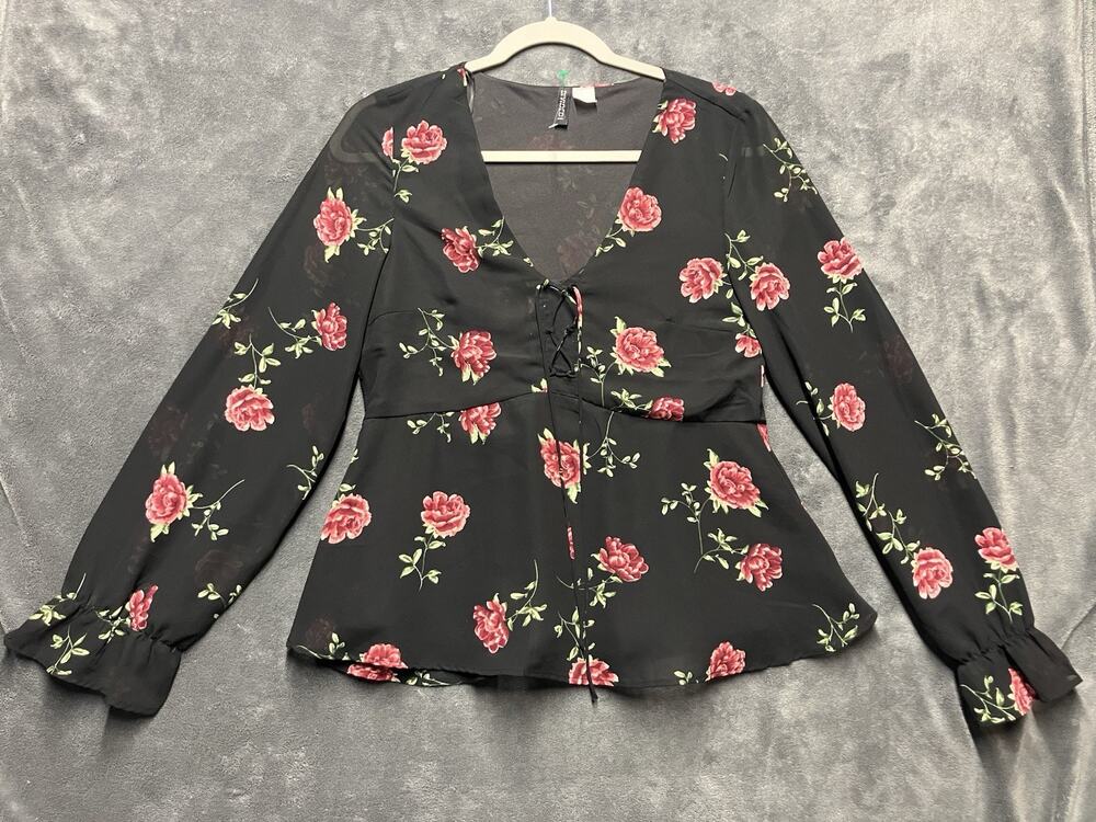 Dark Cottagecore Sheer Lace-Up Babydoll Bell Slv Blouse Sz 2 Rose Festival Boho